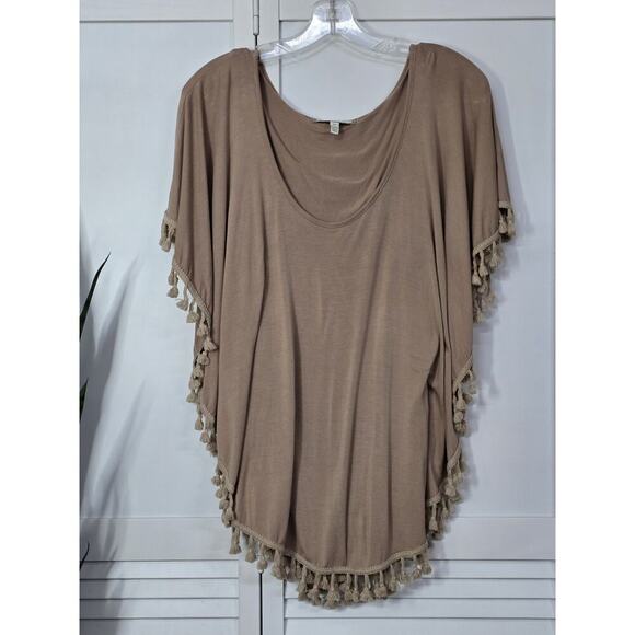 ANTHROPOLOGIE ERI+ALI sz M Tan Tasseled Poncho Layered Top EUC Boho Festival - Picture 2 of 8